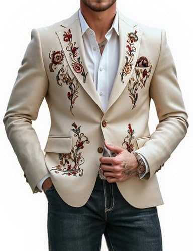 Men's Embroidered Cotton Linen Blazer Vintage Western Style Tailored Fit Lightweight Jacket Casual Semi-Formal Occasions (US, Alpha, Large, Regular, Regular, Beige)