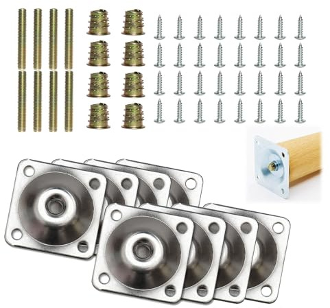 8 Pcs Placas de Montaje Plateadas de Muebles para Patas, 4 Placas de Montaje en Forma de T de 12 Grados y 4 Placas Planas, Fijación para Patas, Incluye Tornillos y Tuercas para Fijación Segura