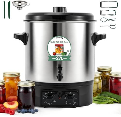 Huanyu Electric Water Bath Canner Automatic 28.5QT Large Canning Pot 2000w Adjustable Temp&Timer with Drain Tap Includes Jar Lifter, Funnel for Preserving Canned Food, Jam, Sauce, Soup Homeuse