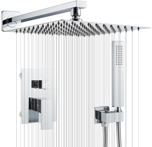 Système de Douche Encastré Colonne de Douche avec Mitigeur Chromé Ensemble de Douche Encastrable Set de Douche avec Carrée 25cm Pommeau de Douche Pluie, Douchette, Mitigeur Douche Corps en Laiton