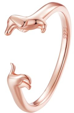 Kerraom Bague Teckel Argent 925 Or Rose Réglable，Empilable Bague Teckel Or Rose，Pour Amoureux des Chiens, Mère, Grand-Mère, Petite-Fille Cadeau d'Anniversaire ou Noël