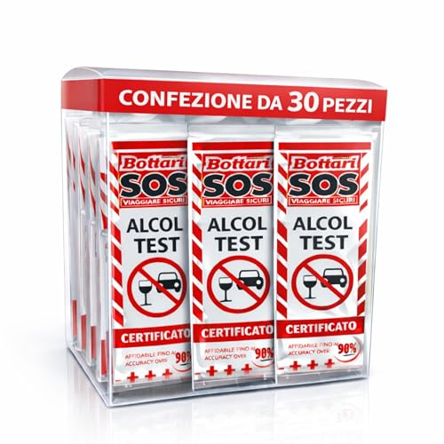 Bottari S.O.S – Disposable Alcohol Test EU Certified 0.25 g/L, Portable Disposable Breathalyser, 4 Detection Levels, Quick Result, Pack of 30