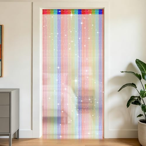OFFCUP String Door Curtains, 100 x 200cm String Doorways Divider | Glitter Retro Tassel Doors Doorways Dividers, Fly Insect Bug Screen Window Curtain Panel Party Decorations (Colorful)