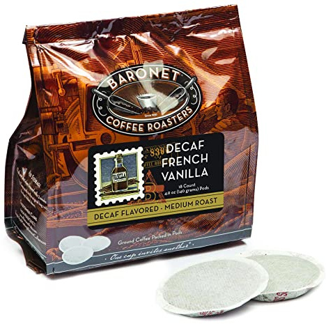 Baronet Coffee Pods - 54 Coffee Bags Like Senseo, 8g Medium Roast Organic Compostable, Regular Strength [Decaf French Vanilla]