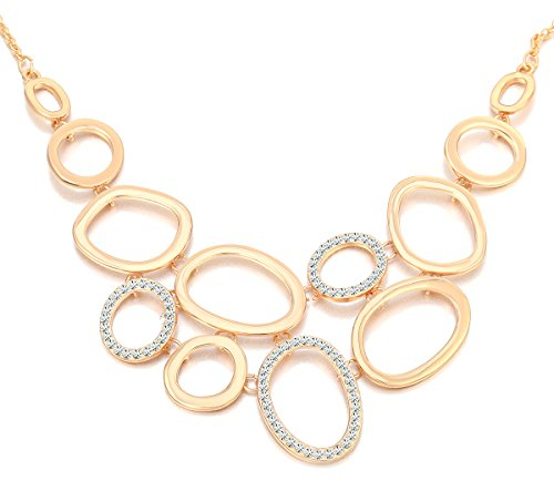 Ouran Women's Chain of Rings Pendant Necklace With CZ Crystal Shining Rhinestone for Girls - Long Statement Rose Gold
