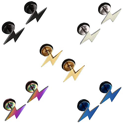 Epoch World 5 Pairs Lightning Stud Earrings Set for Men Women Girl Boy | Men Earrings Gold Black, Silver Earrings for Women, Titanium Stainless Steel, Small Pierced Plugs Tunnel, Hypoallergenic 8MM