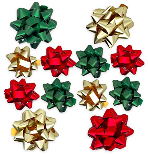 Set Ringelband Polyband Geschenk-Band Geschenkschleifen zum Basteln und Verpacken - glänzend & matt sortiert (gold - rot - grün, 12 Stück Geschenkschleifen)