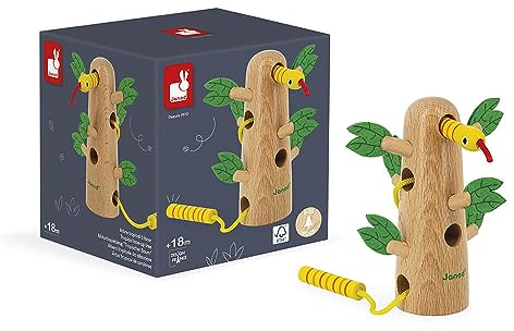 Janod - Tropischer Fädel-Baum Tropik - Entwicklungsspielzeug aus Holz - Lernspielzeug Feinmotorik und Konzentration - FSC-zertifiziert - Wasserfarbe - Ab 18 Monaten, J08265