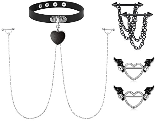 JFORYOU Nipple Ring with Choker Necklaces Stainless Steel Nipple Rings Punk Heart Pendant Chokers for Women Nipple Barbell Piercing Jewelry