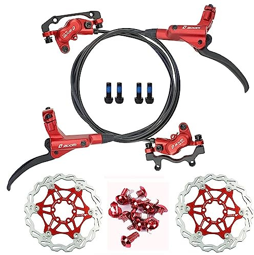 NYK Zoom 4 Piston Hydraulic Disc Brakes Mountain Bike Sets MTB Front & Rear Set with Floating Disc Rotor 160mm & Color Bolts (Red)
