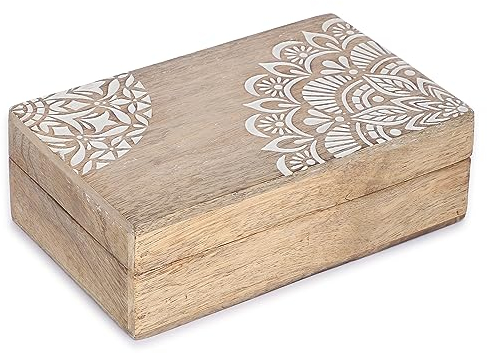 Ajuny Scatola Portaoggetti Decorativa Intagliata a mano in Legno con Design Floreale Angolare Multiuso per Gioielli Organizer per Collane Orologi Regali 8x5 pollici