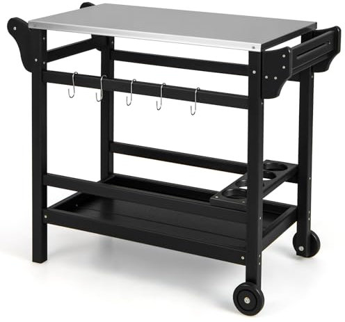 GOPLUS Desserte Plancha Jardin, Chariot Extérieur pour Barbecue à roulettes, Comptoir Acier Inoxydable, Cadre HPDE, Poignée, pour Jardinage, Patio Charge 115+35KG, 105 x 54 x 85 cm