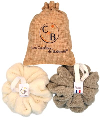 Lot de 2 fleurs de douche éponge de bain éponge pour le corps extra douce bambou durable (Écru Cappuccino)