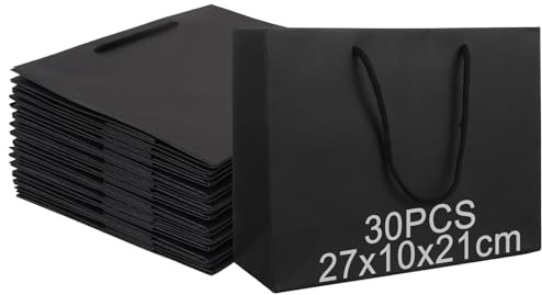 Oungy 30 Pcs Black Paper Bags with Handles, 27x10x21cm Large Gift Bag, Thickness 260g Carrier Shopping Paper Bags for Shopping Party Retail Boutique Wedding Birthday