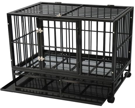 Gr8 Home Heavy Duty Strong Metal Kennel Cage with Wheels and Crate Tray Portable Moveable Playpen for Pet Dog Large Black 108L x 76W x 87H cm