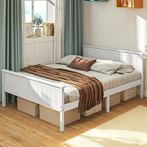 HOMCOM Cadre de lit 140 x 200 cm, lit Simple en Bois Massif avec sommier à Lattes, tête et Pied Inclus, 29 cm de Hauteur avec Rangement au-Dessous, sans Bruit, Assemblage Facile, Blanc