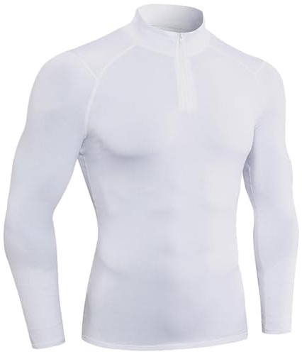 Invierno Camiseta Interior Térmica para Hombre,Manga Larga, Secado Rápido, Cremallera Cuater, Top Caliente para Correr Jogging Gimnasio, Esquí,Blanco,XL