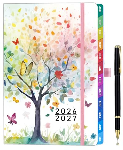 Academic Diary 2026-2027 Week to View A5, Aug 2026 - July 2027, Hardcover, Weekly & Monthly Planner with Colorful Tabs, Notes, Pen Set, Back Pocket - Rainbow Tree