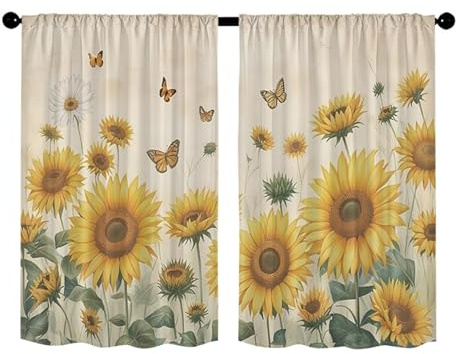 Surwin Tenda Cucina Porta Finestra 2 Pannelli, Fiori Retrò Moderne Tende Corte per Finestre Camera da Letto Tendine Cucina con Tasca Decorazione per Piccole Caffè Bistrò (Girasole,60x90cm)