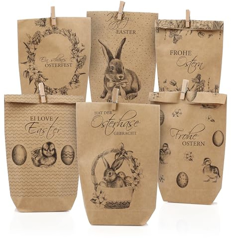 Nordstern Bolsas de papel de Pascua 12 unidades con pinzas de madera, bolsas de regalo de papel kraft con 6 motivos, bolsas de Pascua para rellenar para regalos de Pascua