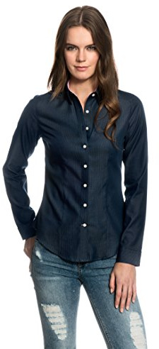 EMBRAER Camicia-Blusa Donna Elegante, Taglio Abbastanza Aderente/Modern-Fit, Collo Classico, Manica-Lunga, con Fantasia Blu Scuro 38