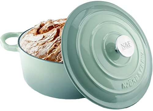 Njörd & Freya® Gusseisen Schmortopf 24 cm – Brotback- & Bräter-Topf mit Emaille – Ofenfest, induktionsgeeignet, kratzfest, für saftiges Brot & Schmorgerichte Mintgrün, Kochtopf für deine Küche.