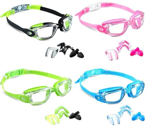 Frienda 4 Pieces Swim Goggles for Kids Age 4-16 No Leaking Anti Fog Goggles for Boys Girls, Soft Silicone Frame(Classic Style)