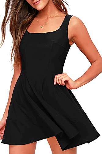 FANCYINN Junior's Black Short V-Back Dress U-Neck Inslace Hem Wide Straps Tank Mini Skater Cocktail Dresses Black S