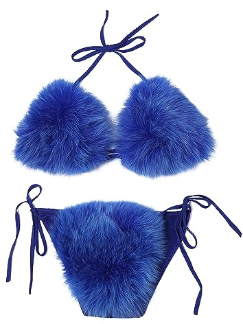 ZOSCGJMY Women's Faux Fur Halter String Triangle Bikini Sets Two Piece Swimsuits (Blue)