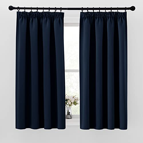 PONY DANCE Verdunkelungsvorhang Kurz Thermo Vorhänge gegen Hitze 2er Set H 145 x B 140 cm Lichtundurchlässige Gardinen mit Kräuselband für Schienen Kindervorhänge Dunkelblau