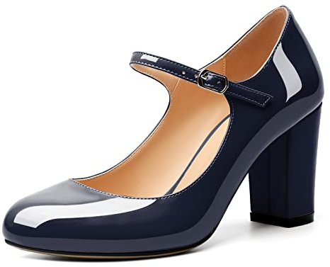 AUMOTED Donne Décolleté Mary Jane Chunky Block Tacco Medio Stretto Punta Tonda Cinturino alla Caviglia Scarpe Eleganti Festa da Sposa 8.5CM Pelle Verniciata Navy EU37