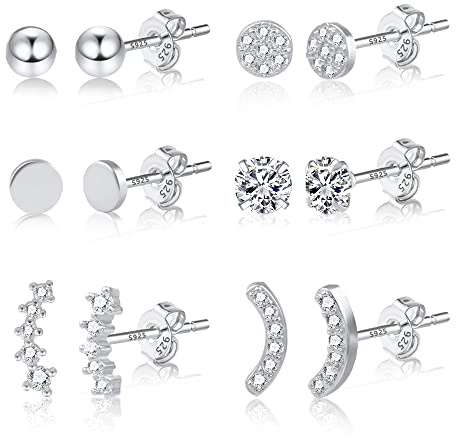 Pendientes Mujer Poste Plata Circonita Formas Mixtas Juego 6 Pares
