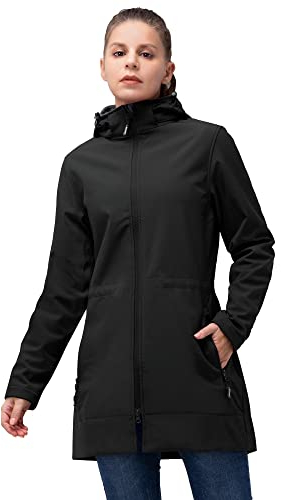 33.000ft Chaqueta softshell para mujer, chaqueta larga de entretiempo, impermeable, cortavientos, transpirable, chaqueta de senderismo, abrigo para exteriores con capucha extraíble, Negro , M
