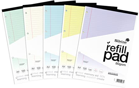 Silvine A4 Assorted Colour Dyslexia Refill Pads - Lined with Margin (5 Pack)