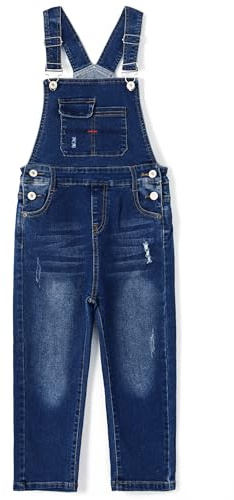 KIDSCOOL SPACE Jeans Slim Fit per Ragazzini, Salopette Strappata con Tasca alla Moda in Denim, Blu Profondo, 6-7 Anni