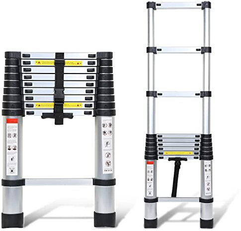 Ansobea Échelle télescopique multifonction 4,4 m - Design en aluminium - Protection des doigts - Escalier YXXYSSTL04 Argenté