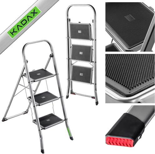 KADAX Echelle en aluminium, petite taille, 3 marches, argent, 105 x 76 cm, capacité de charge 150 kg, pliable, antidérapante