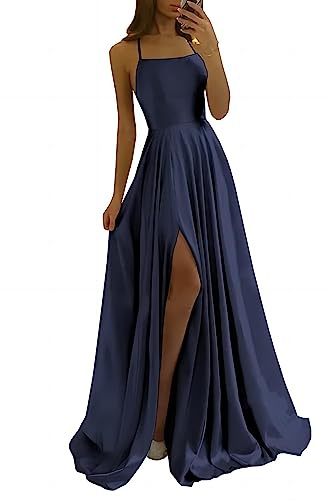 xxxiticat - Abito da sera da donna, elegante, abito da sposa, da principessa, da damigella d'onore, con scollo a V e spalle scoperte, , Blu scuro, XS