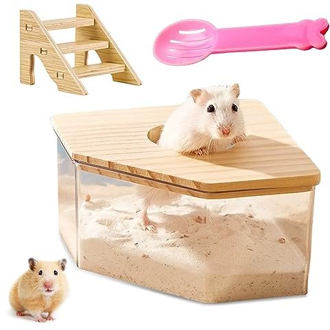Nizirioo Transparentes Acryl-Sand-Badezimmer für Hamster Hamster Sandbadbox mit Leiter und Naturholzabdeckung und Schaufel, Haustier Hamster Badezimmer, für Hamster, Rennmäuse (Dreieck)