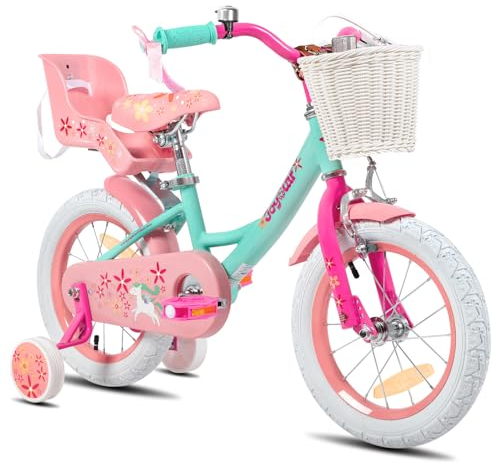 JOYSTAR Einhorn 14 Zoll Kinderfahrrad für 4 5 6 Jahre Mädchen, Kinderfahrrad mit Puppenfahrradsitz & Stützrädern, Grün