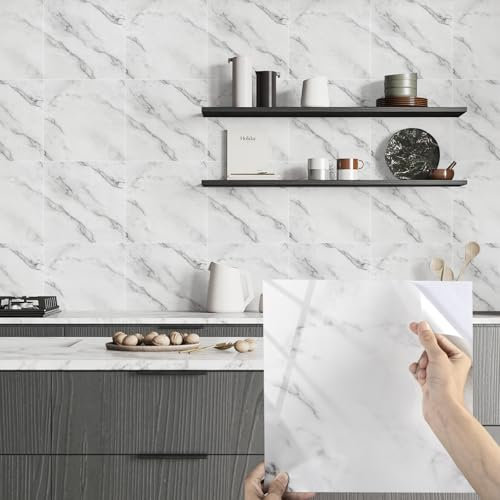 Alened Tile Stickers Marble 10pcs/30x30cm Waterproof Self Adhesive White Peel and Stick on Wall Tiles for Kitchen Bathroom Home Decor