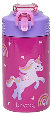 bzyoo Bouteille d'eau en acier inoxydable pour enfants 473,6 g – Étanche et facile à ouvrir ! Rose avec jolis motifs de licorne. Dispose d'une poignée et d'une fermeture sécurisée. Comprend une paille