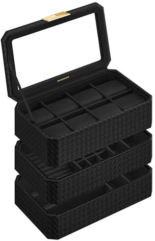 SONGMICS HOME RONNE Kollektion - Uhrenbox 3 Ebenen, 8 Fächer für Uhren, stapelbar, PU im Flechtlook, Schwebe-Effekt, Geschenkidee, Bezug in Schwarz, Innenfutter in Schwarz JWB021B01