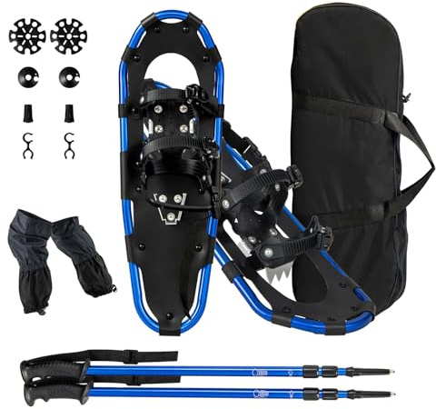 GYMAX Set Ciaspole da Neve, Racchette da Neve in Leghe di Alluminio con Bastoni da Trekking Regolabile e Borsa Impermeabile, Gamma di Peso 30-130 kg (Navy, 21 pollici)