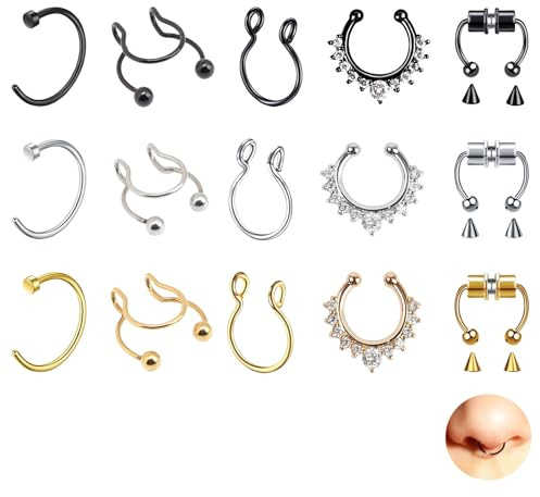 DALAETUS 15 Piezas Magnéticos Piercing Nariz Set - Anillos de Nariz Falsos de Acero Inoxidable, Piercing Nariz Falso, Color Acero, Oro, Negro, Joyería de Septum para Mujeres y Hombres