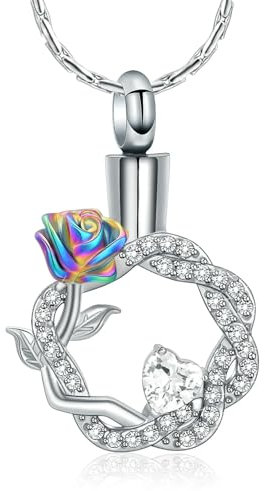 BIAIHQIE Collier urne funéraire en Forme de Rose pour Cendres pour Femmes et Filles, Pendentif Couronne en Acier Inoxydable, Cadeau Souvenir commémoratif, coloré, Blanc