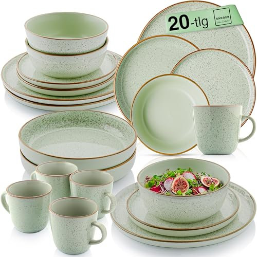 SÄNGER Rio Minze | Kombiservice 4 Personen, Teller Set Kaffeebecher Pastaschale 20 tlg, Steingut Geschirr Set spülmaschinen- mikrowellen- kratzfest, Geschirrset aus Steingut, mintgrün VALUE COLLECTION