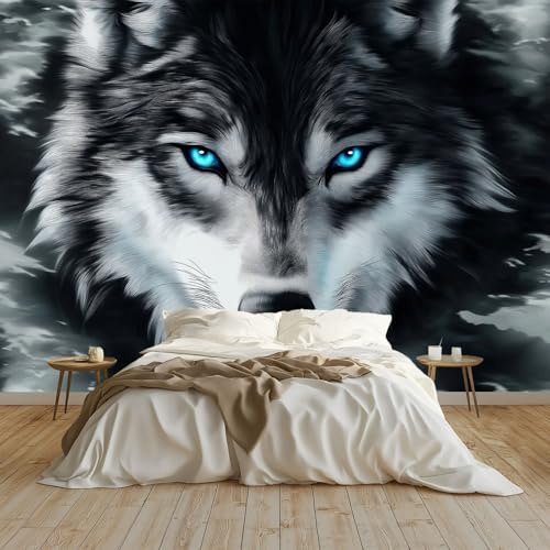 Papier Peint Panoramique Tapisserie Intissé Murales Peinture À L'Huile Animal Loup Gris, Papier Peint Enfant pour Salon Chambre Décoration Murale, Papier Peint 350x256 cm Chambre Enfant, Noir