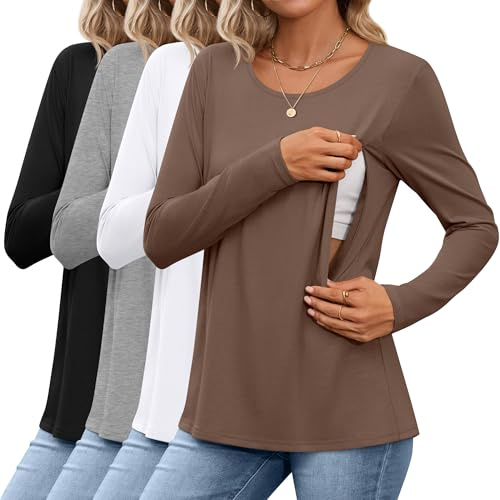 4 Pack Women's Cotton Nursing Tops, Breastfeeding Maternity with Hidden Zippers Crew Neck Long Sleeve Pregnancy Shirts(Brown, White, Gray, Black,Medium)