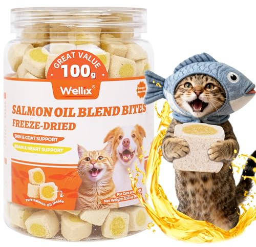 Wellix Salmon Oil Freeze Dried Treats for Cats&Dogs - Skin&Coat Chews with Taurine,Omega 3 for Cat - Crunchy Healthy Snacks for Indoor Training - Chicken&Fish Oil Flavor 3.53oz